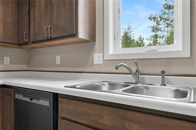 kitchen featuring dark brown cabinetry, stainless steel dishwasher, and sink