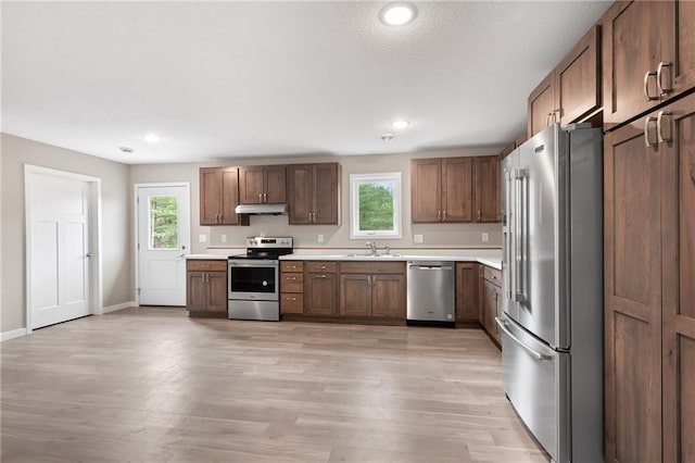 kitchen with a healthy amount of sunlight, sink, light hardwood / wood-style flooring, and appliances with stainless steel finishes