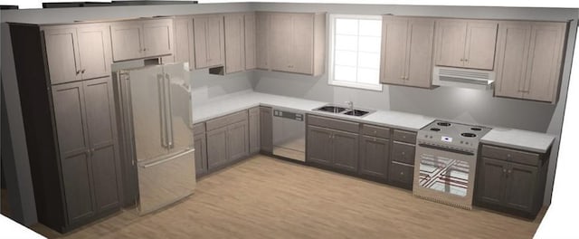 kitchen featuring high end fridge, dishwasher, sink, ventilation hood, and light wood-type flooring