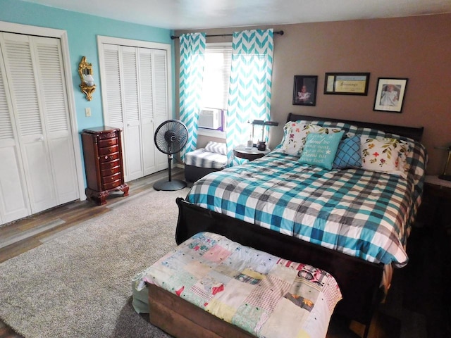 bedroom featuring dark hardwood / wood-style floors and multiple closets