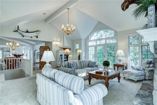 living room with an inviting chandelier, high vaulted ceiling, beam ceiling, and light carpet