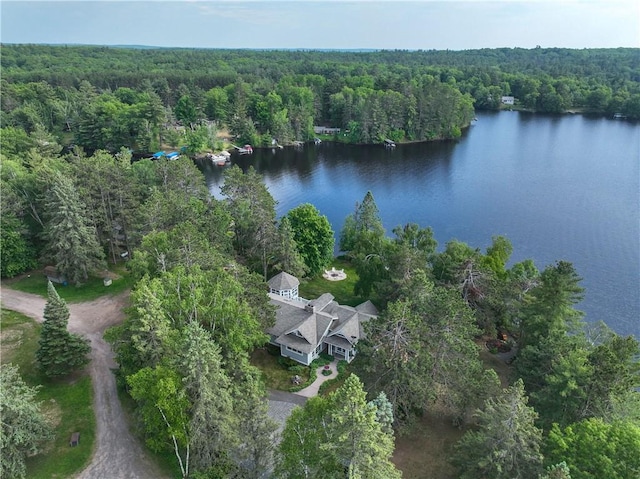 drone / aerial view with a water view