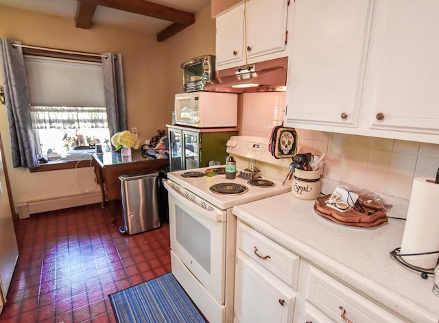 kitchen featuring white cabinets, backsplash, white appliances, and beam ceiling