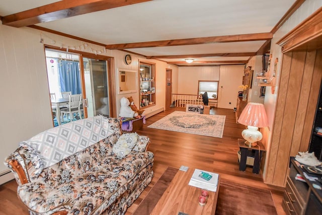 living room with beam ceiling and dark wood-type flooring