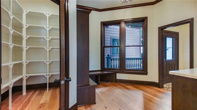 interior space with ornamental molding and light wood-type flooring