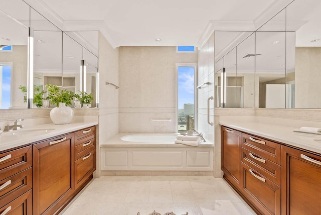 bathroom featuring tile floors, vanity, and independent shower and bath