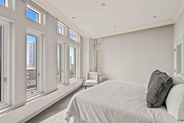 bedroom featuring carpet flooring and ornamental molding