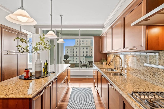 kitchen featuring backsplash, light stone countertops, light wood-type flooring, and sink