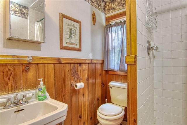 bathroom featuring wood walls, toilet, and sink