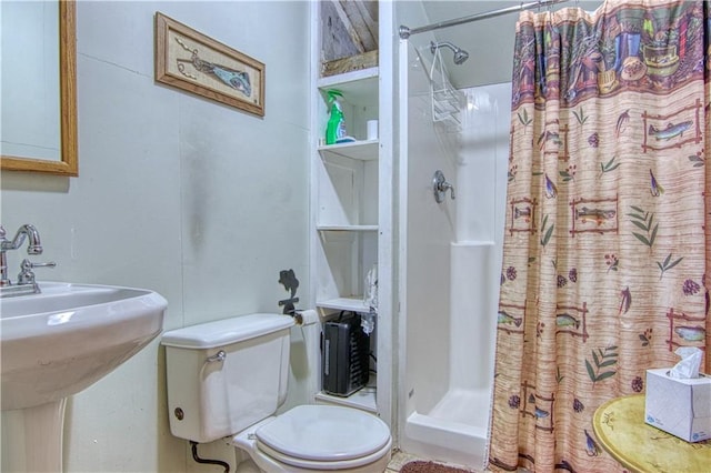 bathroom featuring a shower with curtain, toilet, and sink