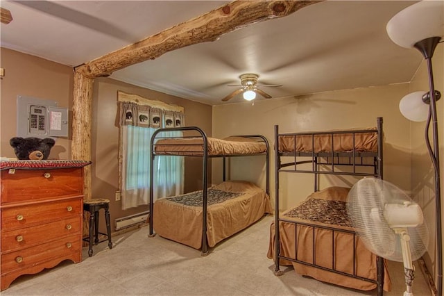 bedroom with baseboard heating and ceiling fan