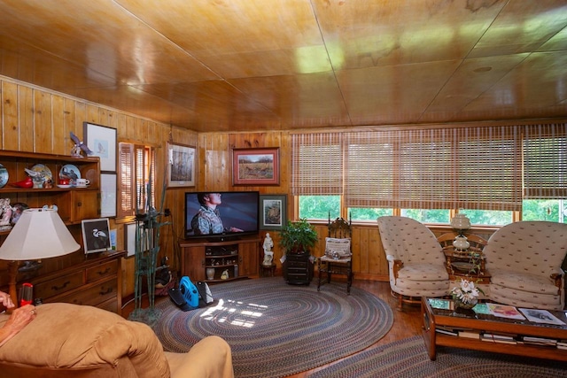 living room with wood walls