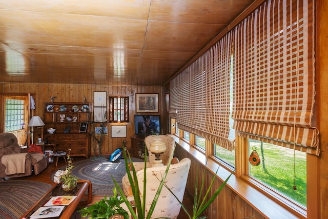 interior space featuring wood walls and wooden ceiling