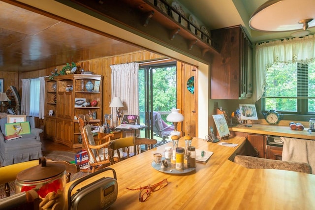 kitchen with wood walls