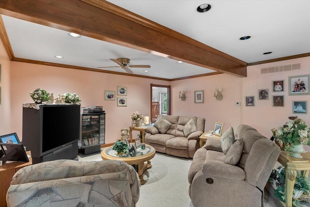 living room featuring crown molding, light colored carpet, ceiling fan, and beamed ceiling