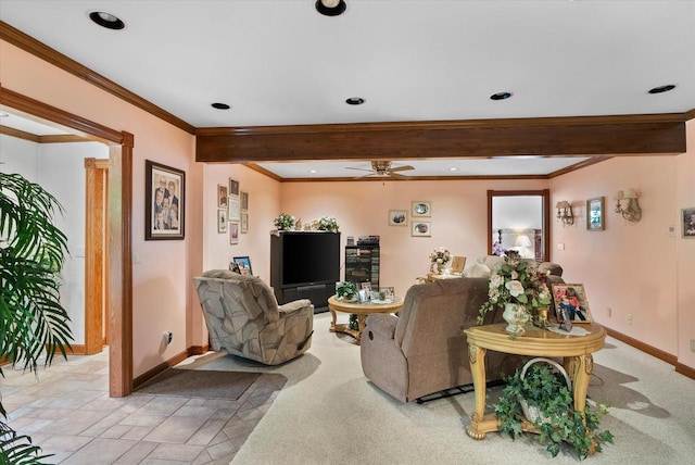 carpeted living room with ceiling fan, crown molding, and beam ceiling