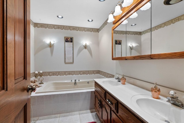 bathroom featuring double vanity, tile flooring, and tiled tub