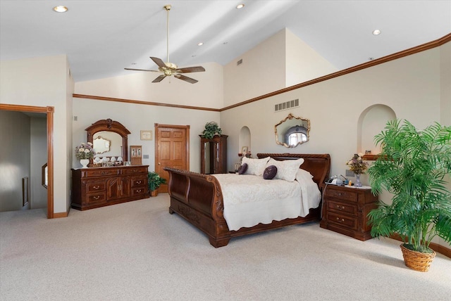 bedroom with ceiling fan, light colored carpet, and high vaulted ceiling