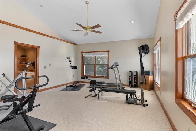 workout room with ceiling fan, light colored carpet, and vaulted ceiling