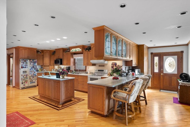 kitchen with appliances with stainless steel finishes, light hardwood / wood-style floors, a kitchen bar, and an island with sink