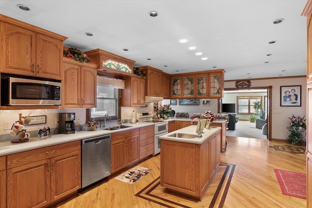 kitchen with light hardwood / wood-style floors, appliances with stainless steel finishes, a center island with sink, and sink