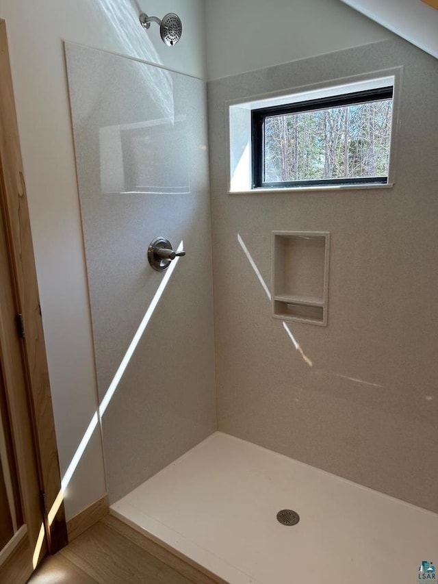 bathroom with a shower and hardwood / wood-style floors