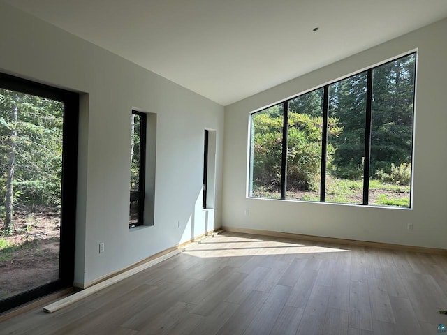 unfurnished room with lofted ceiling, a healthy amount of sunlight, and hardwood / wood-style flooring