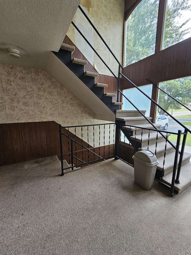 stairway with carpet floors and a textured ceiling