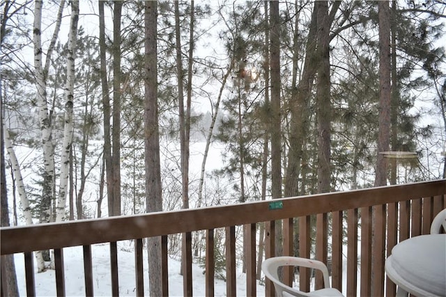 view of snow covered deck