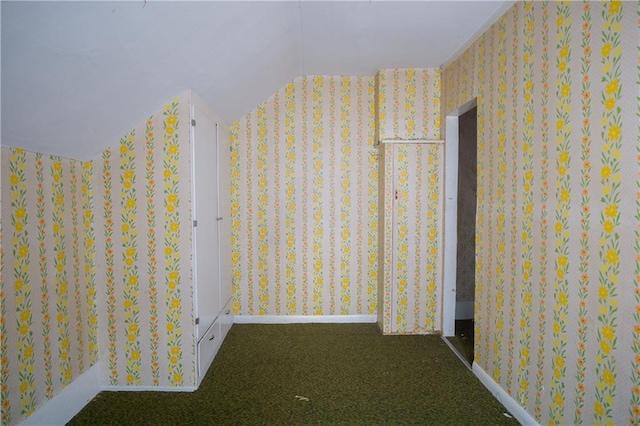 interior space featuring dark colored carpet and vaulted ceiling