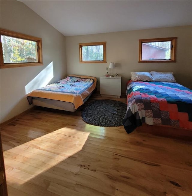 bedroom with multiple windows, light hardwood / wood-style flooring, and vaulted ceiling