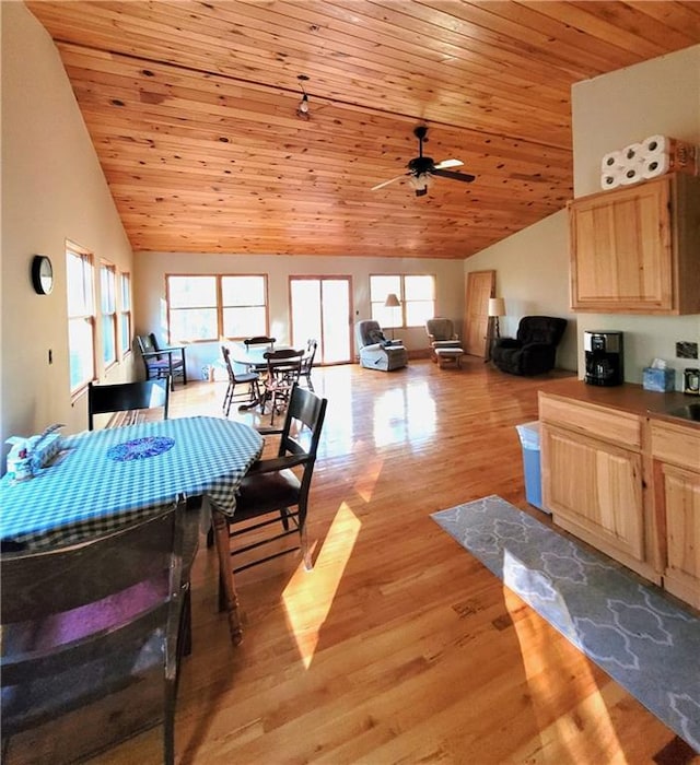 dining area with ceiling fan, wooden ceiling, a healthy amount of sunlight, and light wood-type flooring