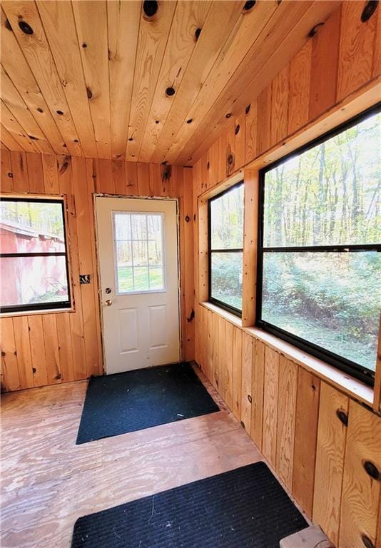 entryway with hardwood / wood-style flooring, wood walls, and wood ceiling