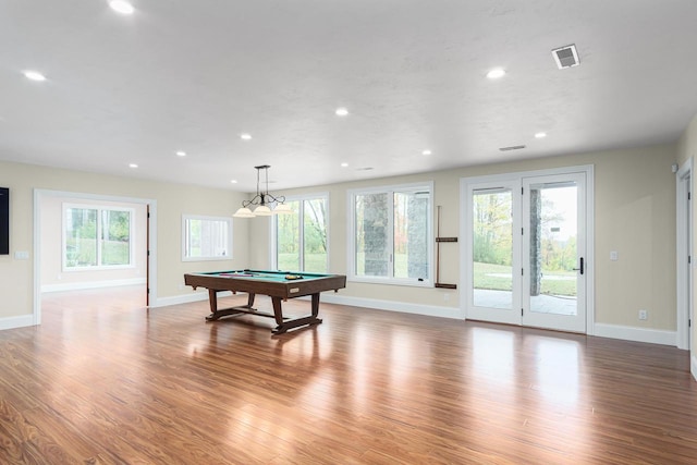 playroom with billiards and wood-type flooring