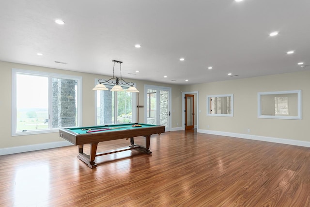 rec room featuring pool table and light hardwood / wood-style flooring