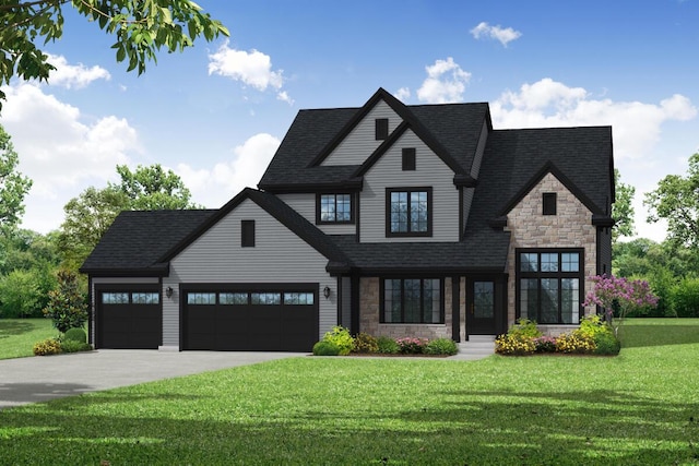 view of front of home featuring a front yard, a garage, stone siding, and a shingled roof