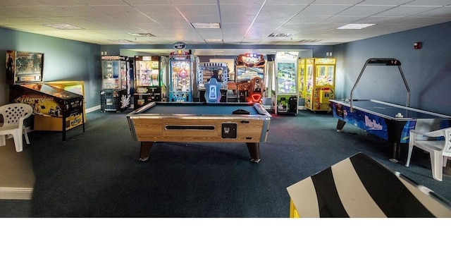 game room featuring a drop ceiling, dark carpet, and pool table