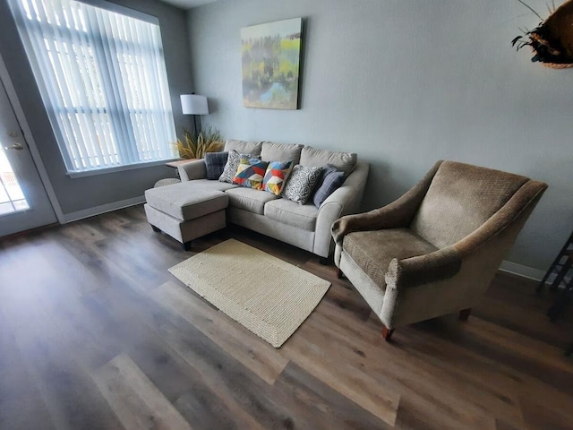 living room with dark hardwood / wood-style flooring