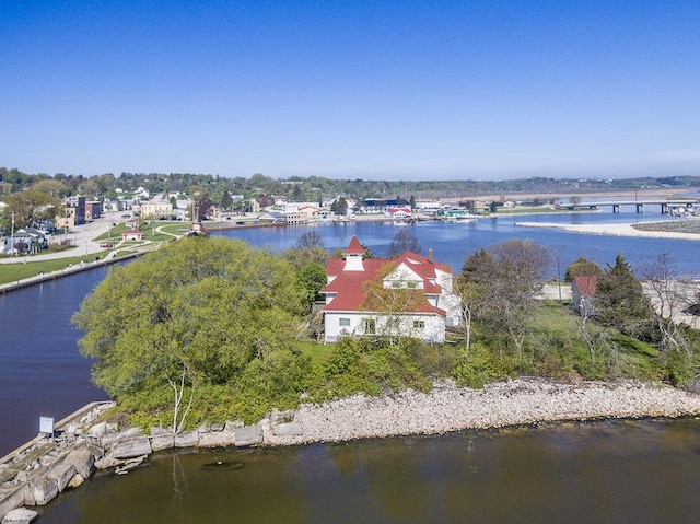 aerial view featuring a water view