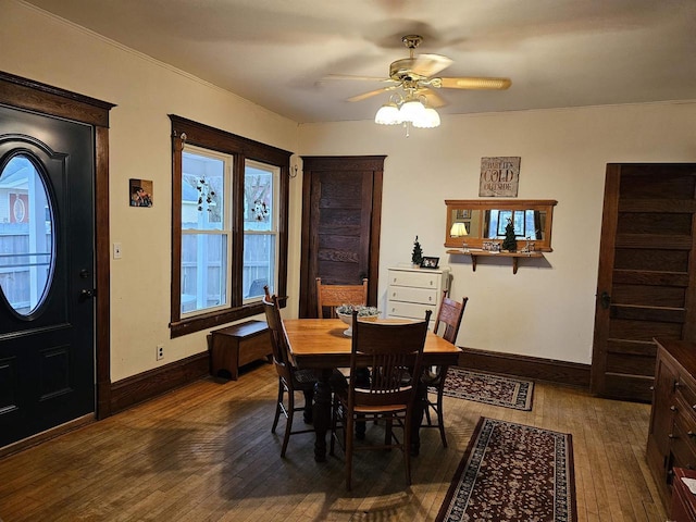 dining area featuring ceiling fan and hardwood / wood-style floors