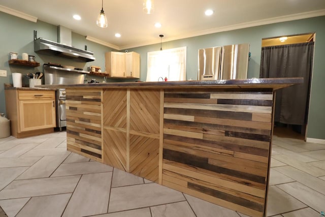 kitchen featuring pendant lighting, light brown cabinets, light tile floors, ornamental molding, and stainless steel fridge