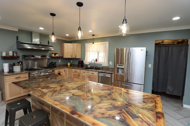 kitchen with appliances with stainless steel finishes, sink, wall chimney range hood, and hanging light fixtures