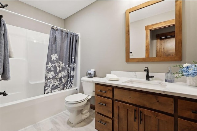 full bathroom with toilet, tile patterned floors, vanity, and shower / bathtub combination with curtain