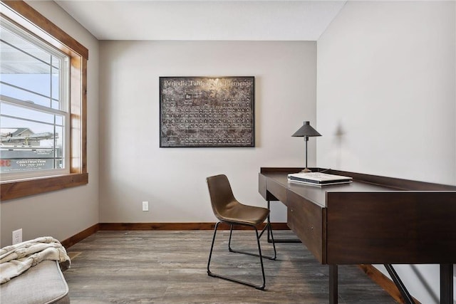 home office with hardwood / wood-style flooring