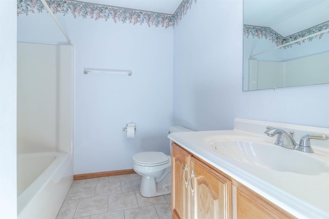 full bathroom featuring tile flooring, oversized vanity, toilet, and bathing tub / shower combination