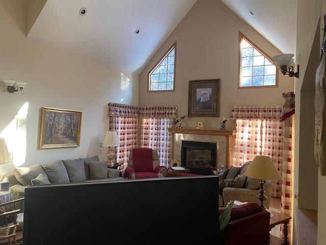 living room with high vaulted ceiling