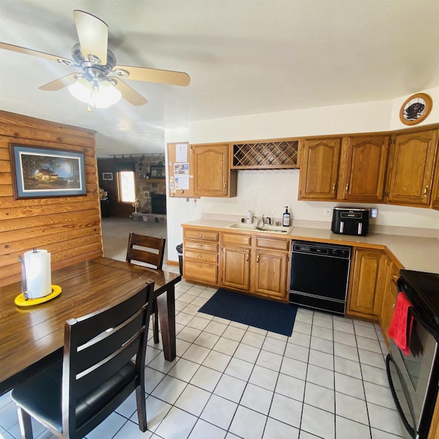 kitchen with ceiling fan, light tile floors, electric range oven, sink, and black dishwasher