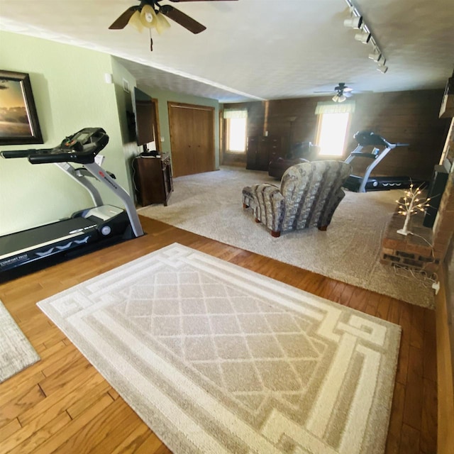 bedroom with rail lighting and hardwood / wood-style flooring