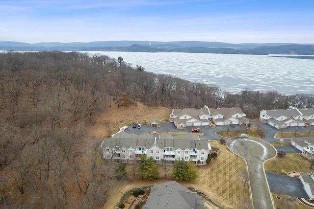 bird's eye view featuring a water and mountain view