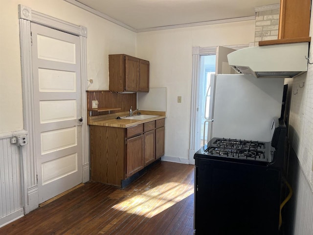 kitchen with white refrigerator, black gas stove, sink, and dark hardwood / wood-style floors